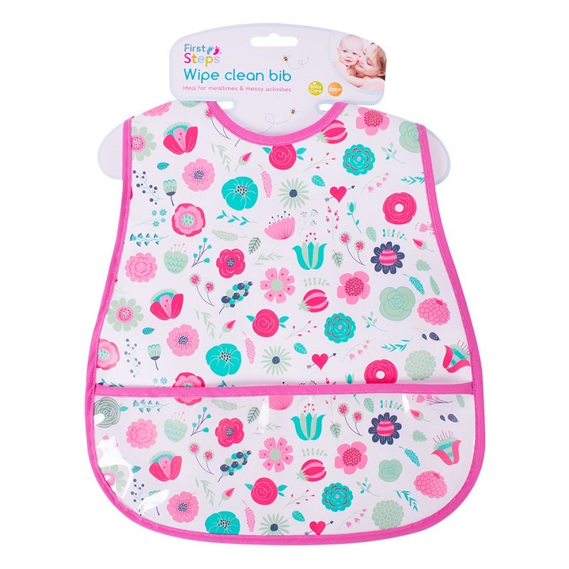First Steps Peva Floral Wipe Clean Bib With Pocket 28cm X 45cm - OgaDiscount